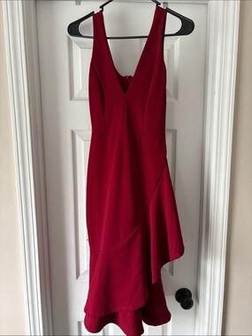 Lulu’s Elegant Red V-Neck Ruffled Hem Women's Dress